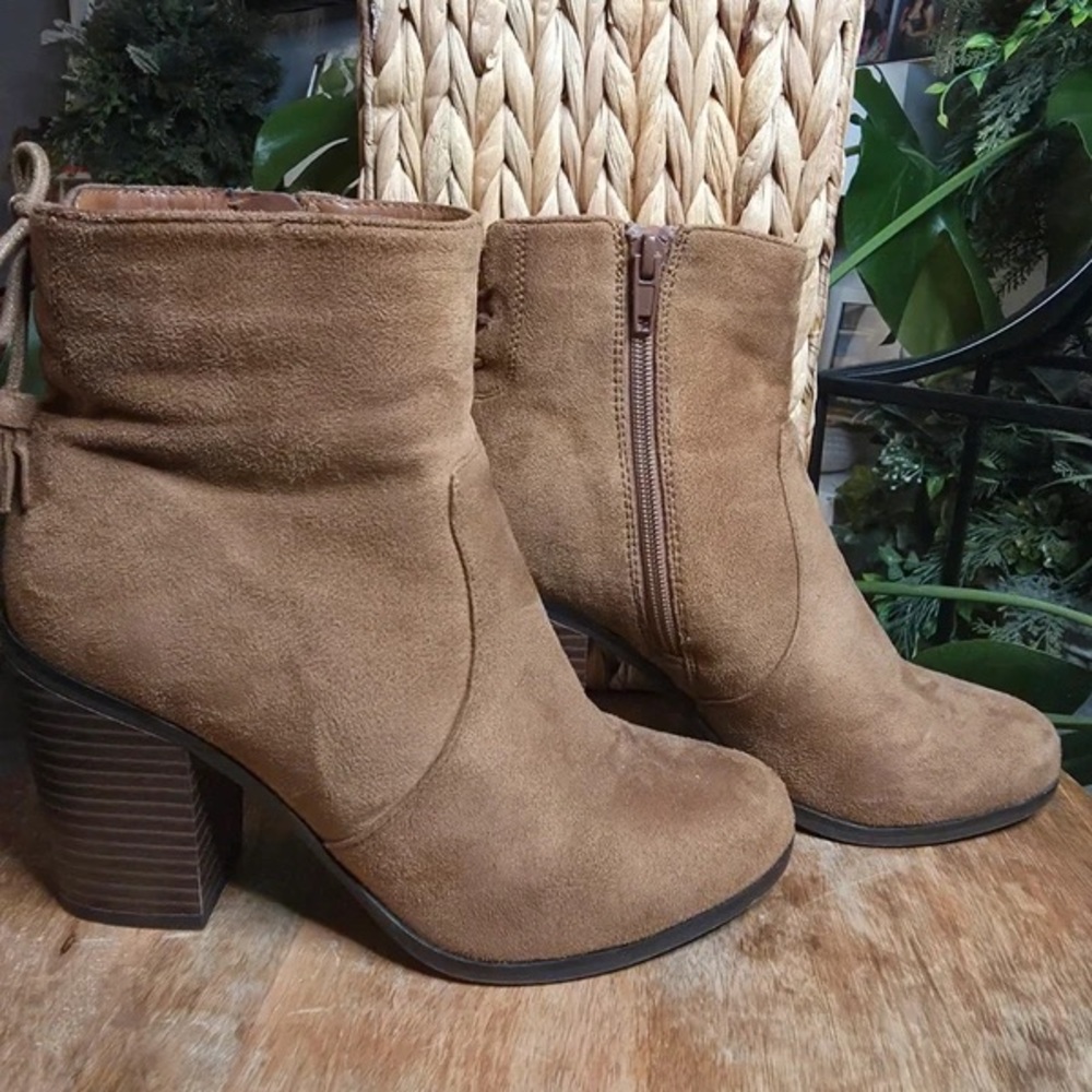 Women's Tan Suede Block Heel Ankle Boots with Side Zip